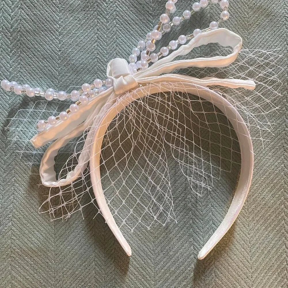White pearl headband with veil and bow Bridal Preppy